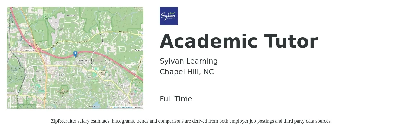 Sylvan Learning job posting for a Academic Tutor in Chapel Hill, NC with a salary of $12 to $25 Hourly with a map of Chapel Hill location.
