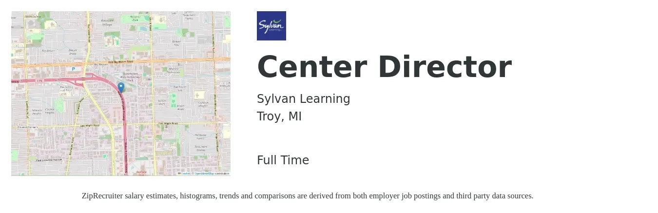Sylvan Learning - Troy, MI job posting for a Center Director in Troy, MI with a salary of $44,500 to $61,100 Yearly with a map of Troy location.