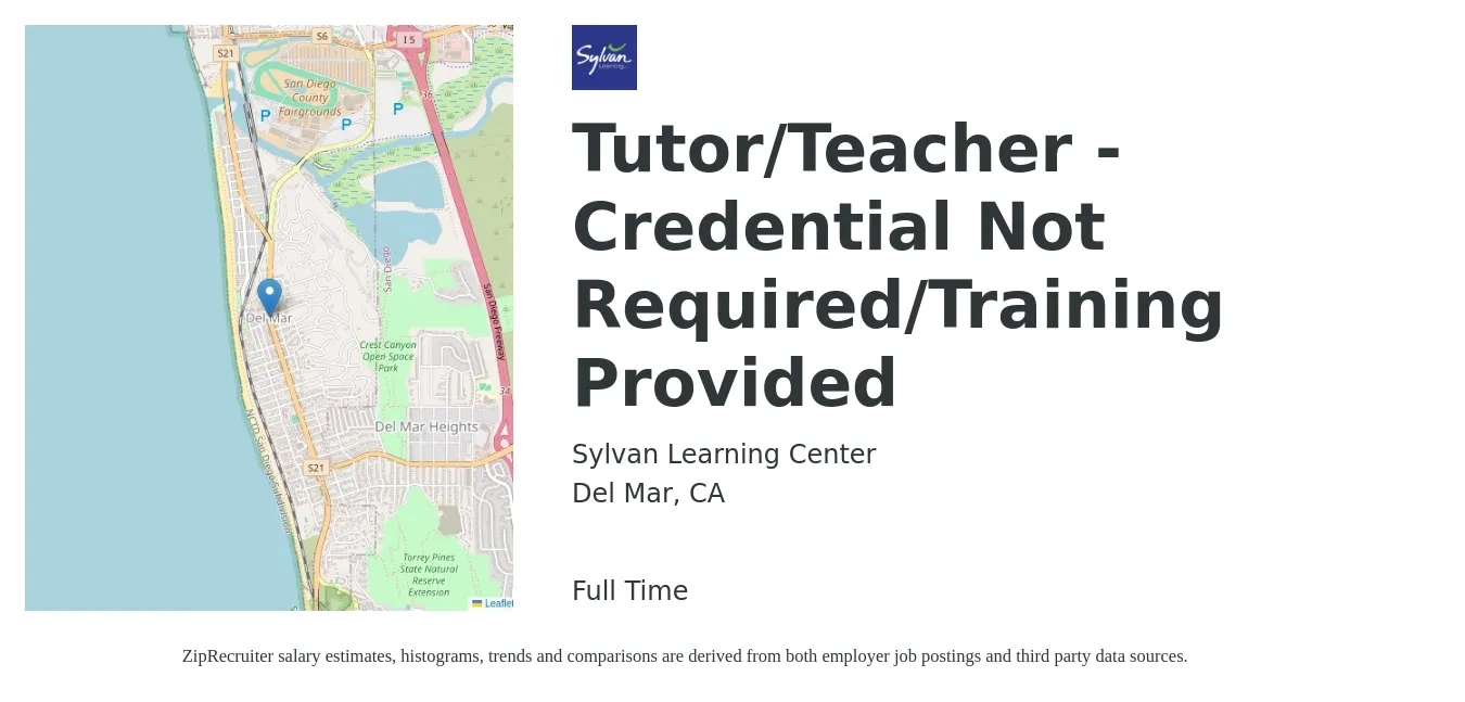 Sylvan Learning Center job posting for a Tutor/Teacher - Credential Not Required/Training Provided in Del Mar, CA with a salary of $18 to $32 Hourly with a map of Del Mar location.
