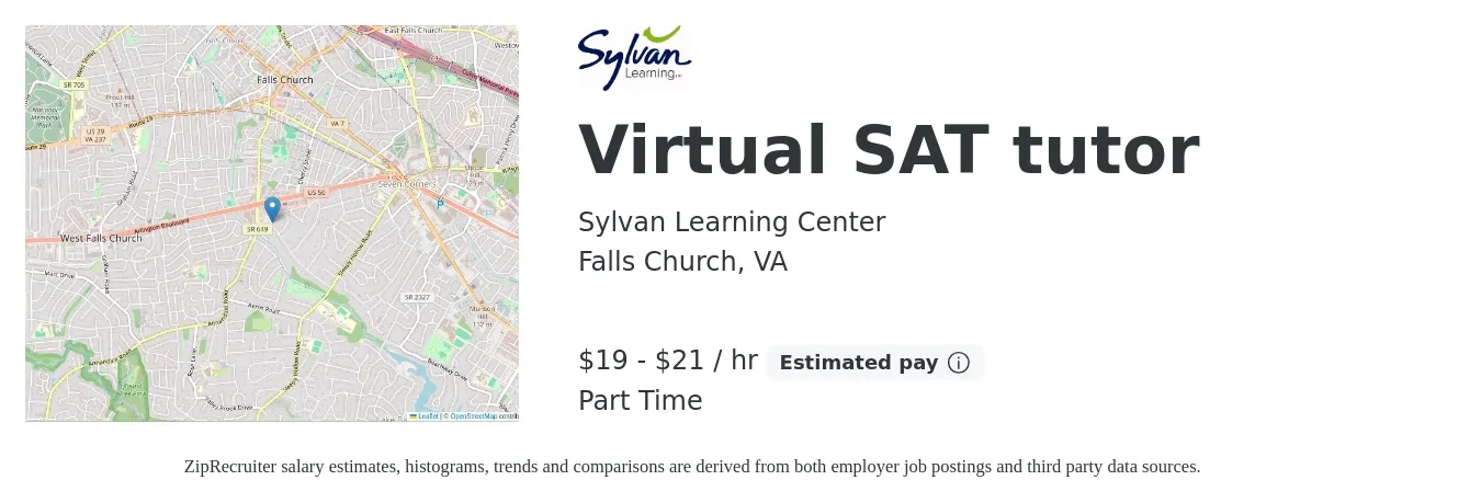 Sylvan Learning Center job posting for a Virtual SAT tutor in Falls Church, VA with a salary of $20 to $22 Hourly (plus commission) with a map of Falls Church location.