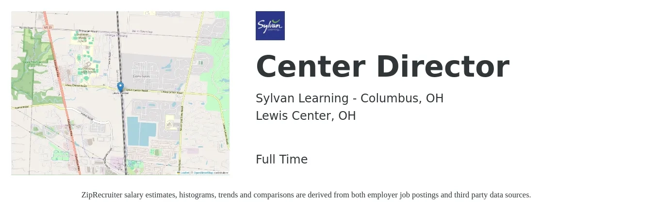 Sylvan Learning - Columbus, OH job posting for a Center Director in Lewis Center, OH with a salary of $44,700 to $61,300 Yearly with a map of Lewis Center location.