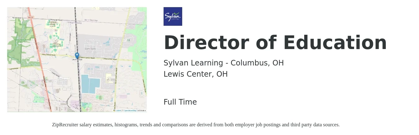 Sylvan Learning job posting for a Director of Education in Lewis Center, OH with a salary of $48,500 to $82,300 Yearly with a map of Lewis Center location.