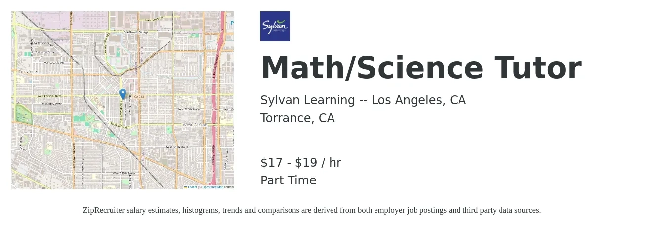 Sylvan Learning -- Los Angeles, CA job posting for a Math/Science Tutor in Torrance, CA with a salary of $18 to $20 Hourly with a map of Torrance location.