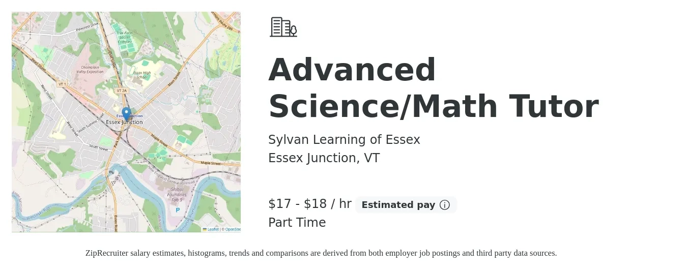 Sylvan Learning of Essex job posting for a Advanced Science/Math Tutor in Essex Junction, VT with a salary of $18 to $19 Hourly with a map of Essex Junction location.