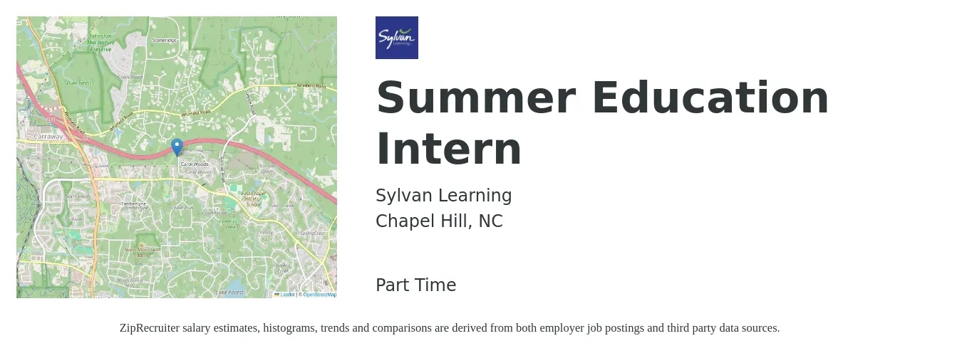 Sylvan Learning job posting for a Summer Education Intern in Chapel Hill, NC with a salary of $27,800 to $38,600 Yearly with a map of Chapel Hill location.