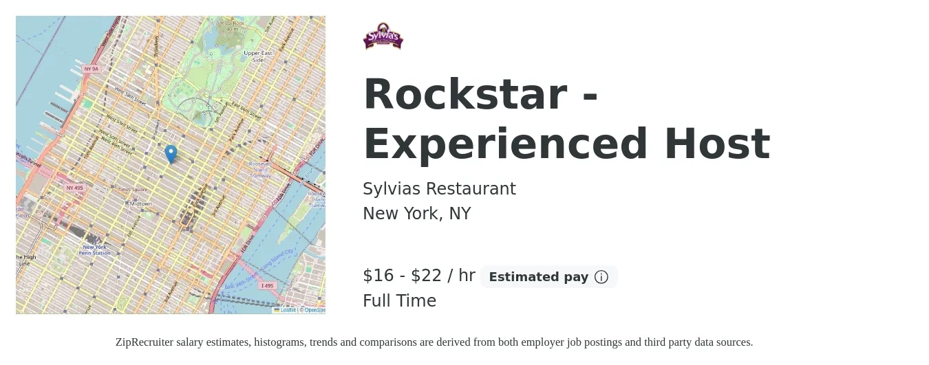Sylvias Restaurant job posting for a Rockstar - Experienced Host in New York, NY with a salary of $17 to $23 Hourly with a map of New York location.
