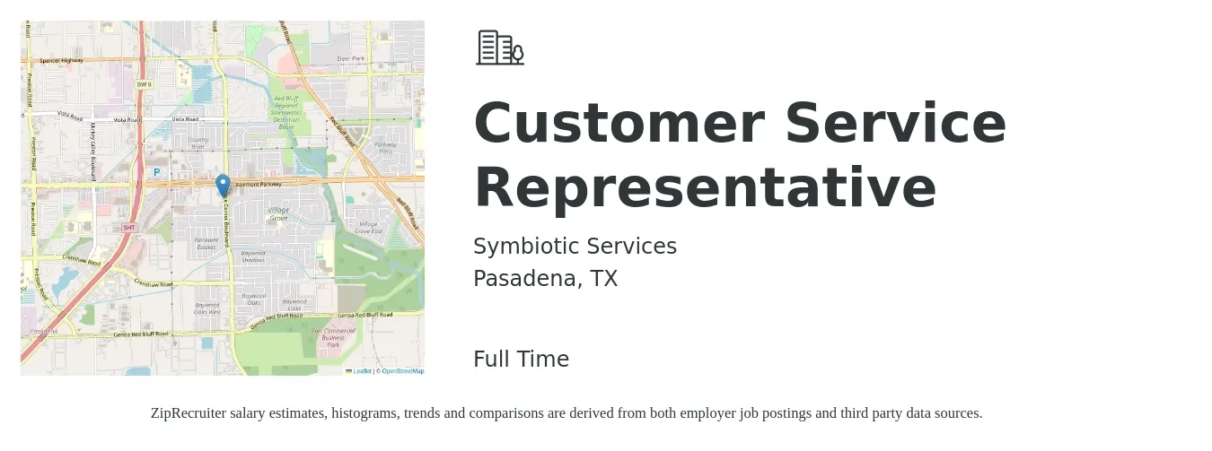 Symbiotic Services job posting for a Customer Service Representative in Pasadena, TX with a salary of $15 to $20 Hourly with a map of Pasadena location.