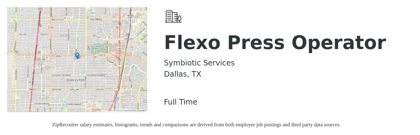 Symbiotic Services job posting for a Flexo Press Operator in Dallas, TX with a salary of $20 to $27 Hourly with a map of Dallas location.