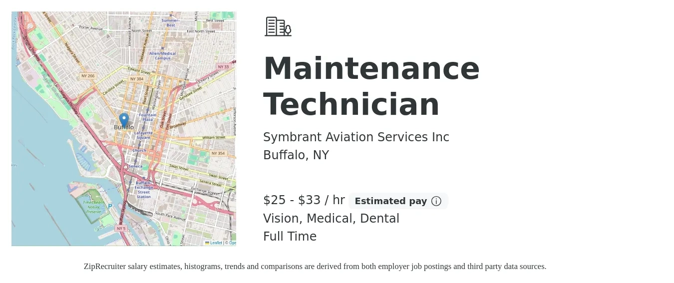 Symbrant Aviation Services Inc job posting for a Maintenance Technician in Buffalo, NY with a salary of $27 to $35 Hourly and benefits including dental, life_insurance, medical, pto, retirement, and vision with a map of Buffalo location.