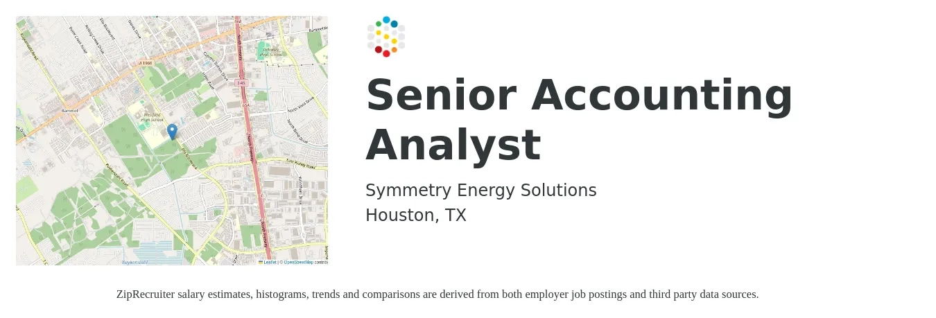 Symmetry Energy Solutions job posting for a Senior Accounting Analyst in Houston, TX with a salary of $79,200 to $99,700 Yearly with a map of Houston location.