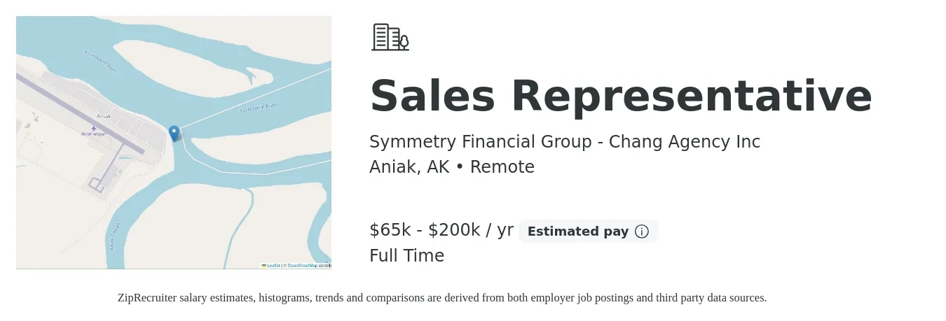 Symmetry Financial Group - Chang Agency Inc job posting for a Sales Representative in Aniak, AK with a salary of $65,000 to $200,000 Yearly with a map of Aniak location.