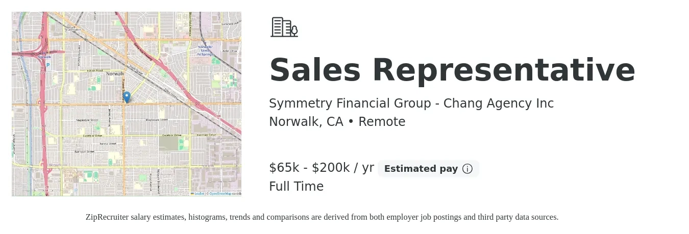 Symmetry Financial Group - Chang Agency Inc job posting for a Sales Representative in Norwalk, CA with a salary of $65,000 to $200,000 Yearly with a map of Norwalk location.