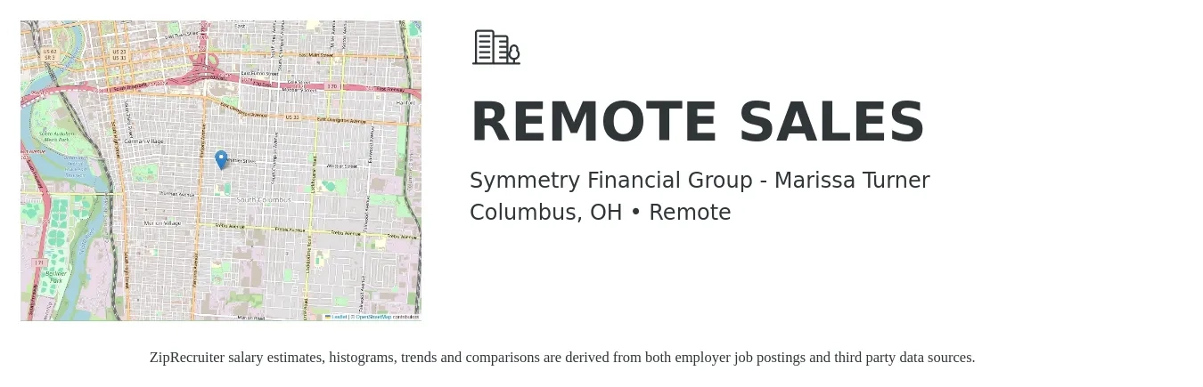 Symmetry Financial Group - Marissa Turner job posting for a REMOTE SALES in Columbus, OH with a salary of $15,000 Monthly with a map of Columbus location.