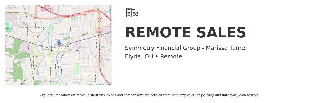 Symmetry Financial Group - Marissa Turner job posting for a REMOTE SALES in Elyria, OH with a salary of $15,000 Monthly with a map of Elyria location.