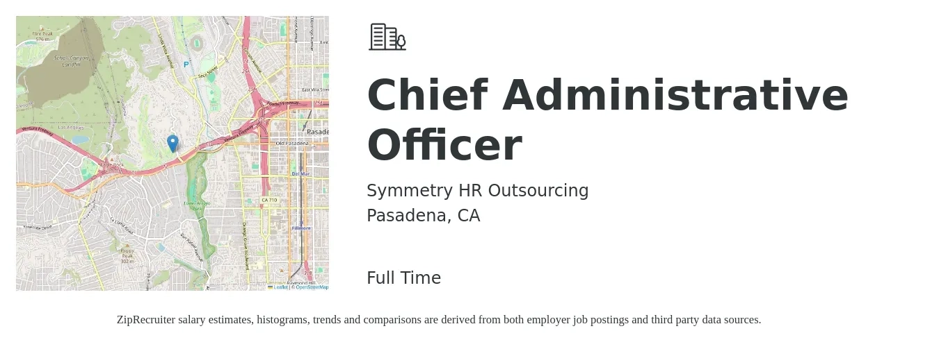 Symmetry HR Outsourcing job posting for a Chief Administrative Officer in Pasadena, CA with a salary of $145,000 to $155,000 Yearly with a map of Pasadena location.