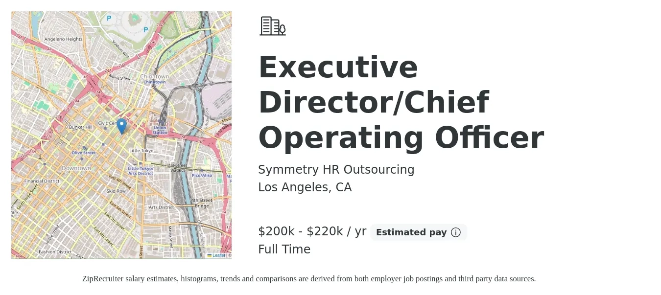 Symmetry HR Outsourcing job posting for a Executive Director/Chief Operating Officer in Los Angeles, CA with a salary of $200,000 to $220,000 Yearly with a map of Los Angeles location.