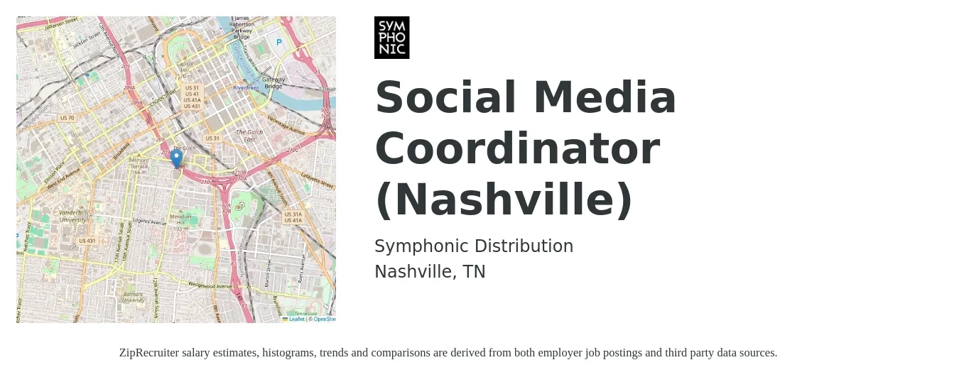 Symphonic Distribution job posting for a Social Media Coordinator (Nashville) in Nashville, TN with a salary of $18 to $22 Hourly with a map of Nashville location.