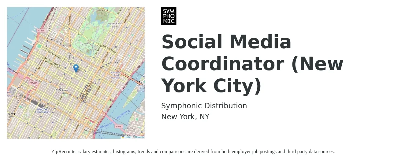 Symphonic Distribution job posting for a Social Media Coordinator (New York City) in New York, NY with a salary of $21 to $26 Hourly with a map of New York location.