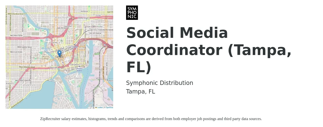 Symphonic Distribution job posting for a Social Media Coordinator (Tampa, FL) in Tampa, FL with a salary of $18 to $22 Hourly with a map of Tampa location.