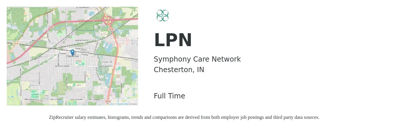 Symphony Care Network job posting for a LPN in Chesterton, IN with a salary of $24 to $33 Hourly with a map of Chesterton location.