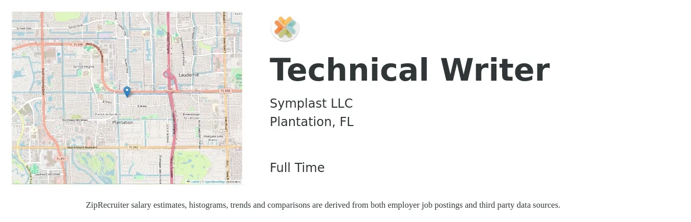 Symplast LLC job posting for a Technical Writer in Plantation, FL with a salary of $30 to $49 Hourly with a map of Plantation location.