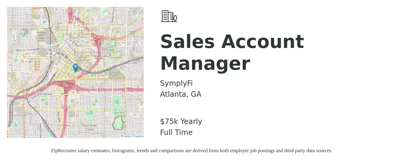 SymplyFi job posting for a Sales Account Manager in Atlanta, GA with a salary of $75,000 Yearly with a map of Atlanta location.