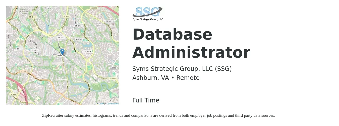 Syms Strategic Group, LLC job posting for a Database Administrator in Ashburn, VA with a salary of $41 to $63 Hourly with a map of Ashburn location.