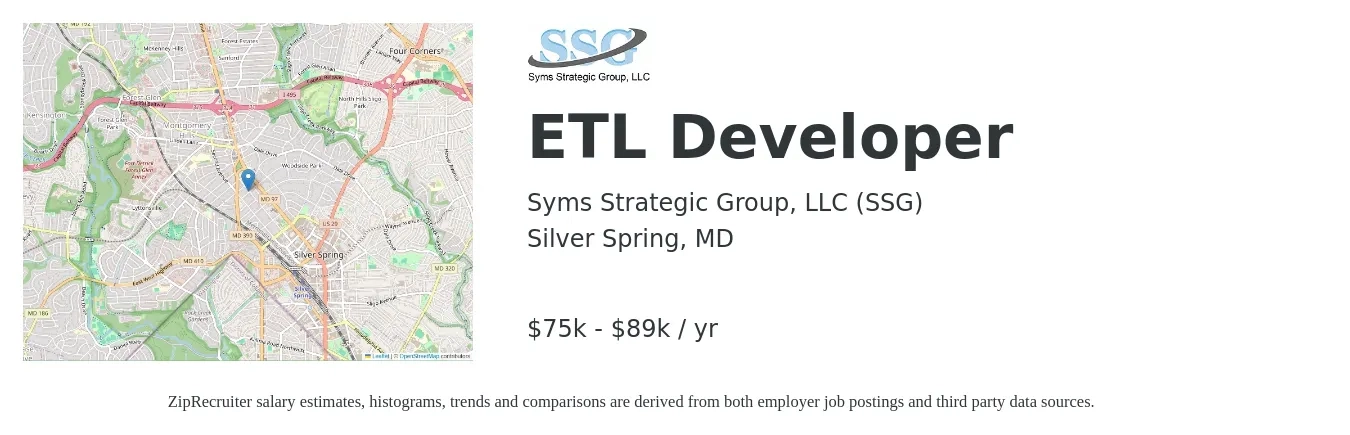 Syms Strategic Group, LLC (SSG) job posting for a ETL Developer in Silver Spring, MD with a salary of $75,995 to $89,000 Yearly with a map of Silver Spring location.