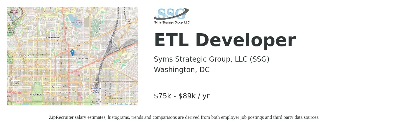 Syms Strategic Group, LLC (SSG) job posting for a ETL Developer in Washington, DC with a salary of $75,995 to $89,000 Yearly with a map of Washington location.