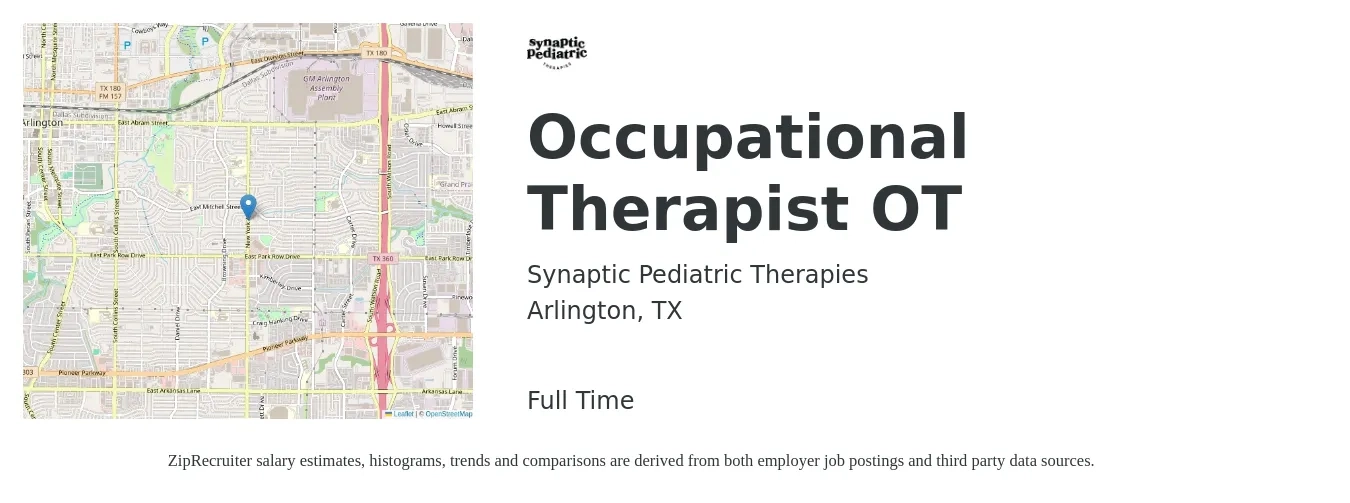 Synaptic Pediatric Therapies job posting for a Occupational Therapist OT in Arlington, TX with a salary of $45,000 to $65,000 Yearly with a map of Arlington location.