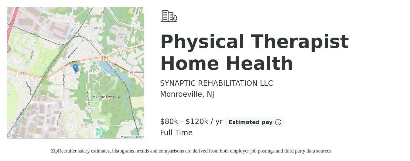 SYNAPTIC REHABILITATION LLC job posting for a Physical Therapist Home Health in Monroeville, NJ with a salary of $85,000 to $120,000 Yearly with a map of Monroeville location.