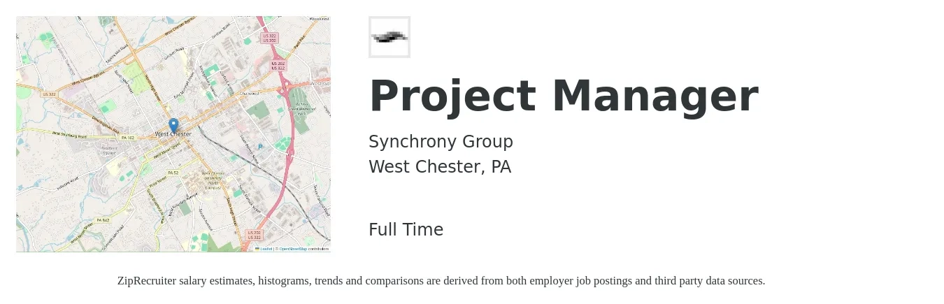 Synchrony Group job posting for a Project Manager in West Chester, PA with a salary of $74,300 to $116,500 Yearly with a map of West Chester location.