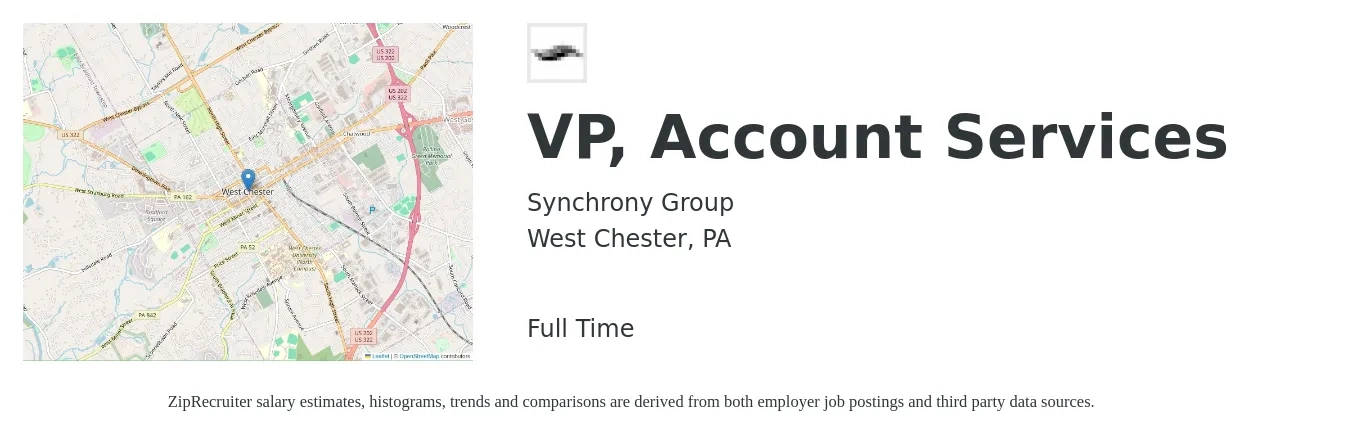 Synchrony Group job posting for a VP, Account Services in West Chester, PA with a salary of $44,000 to $77,200 Yearly with a map of West Chester location.