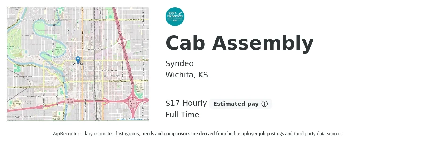 Syndeo job posting for a Cab Assembly in Wichita, KS with a salary of $18 Hourly with a map of Wichita location.