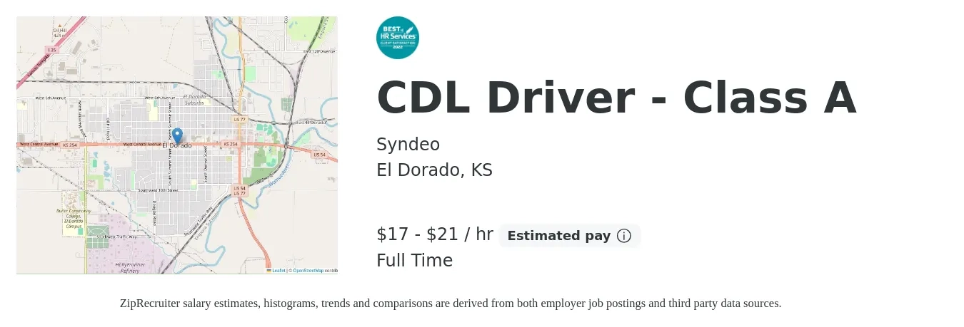Syndeo job posting for a CDL Driver - Class A in El Dorado, KS with a salary of $18 to $22 Hourly with a map of El Dorado location.