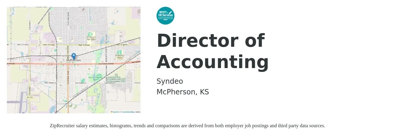 Syndeo job posting for a Director of Accounting in McPherson, KS with a salary of $94,500 to $144,000 Yearly with a map of McPherson location.