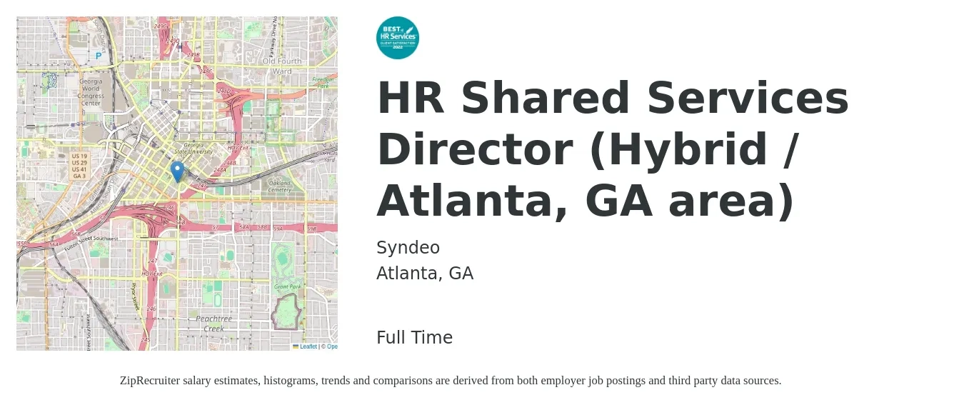 Syndeo job posting for a HR Shared Services Director (Hybrid / Atlanta, GA area) in Atlanta, GA with a salary of $92,700 to $152,500 Yearly with a map of Atlanta location.
