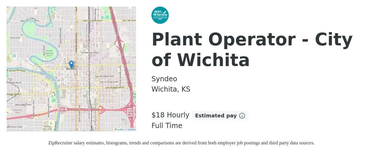 Syndeo job posting for a Plant Operator - City of Wichita in Wichita, KS with a salary of $20 Hourly with a map of Wichita location.