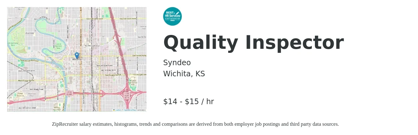 Syndeo job posting for a Quality Inspector in Wichita, KS with a salary of $15 to $16 Hourly with a map of Wichita location.