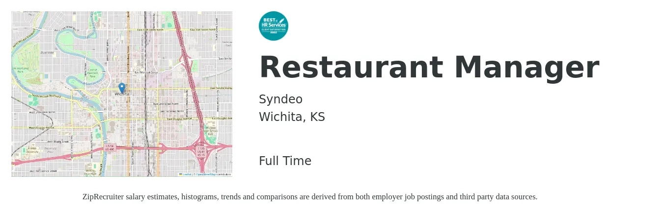 Syndeo job posting for a Restaurant Manager in Wichita, KS with a salary of $40,300 to $56,800 Yearly with a map of Wichita location.