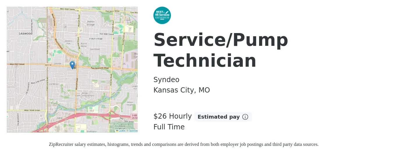 Syndeo job posting for a Service/Pump Technician in Kansas City, MO with a salary of $28 Hourly with a map of Kansas City location.