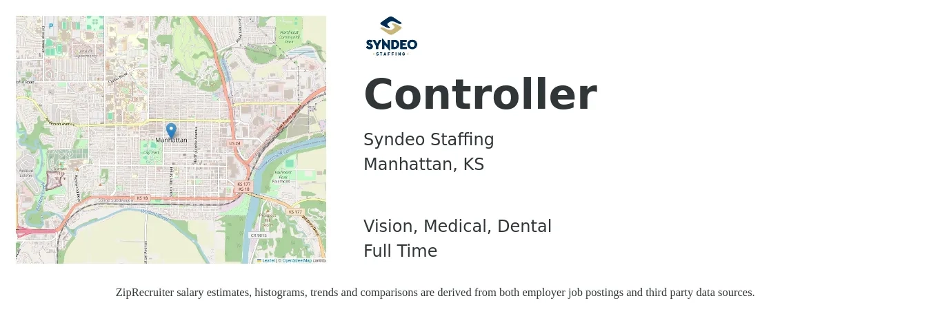 Syndeo Staffing job posting for a Controller in Manhattan, KS with a salary of $85,900 to $122,600 Yearly and benefits including dental, medical, and vision with a map of Manhattan location.