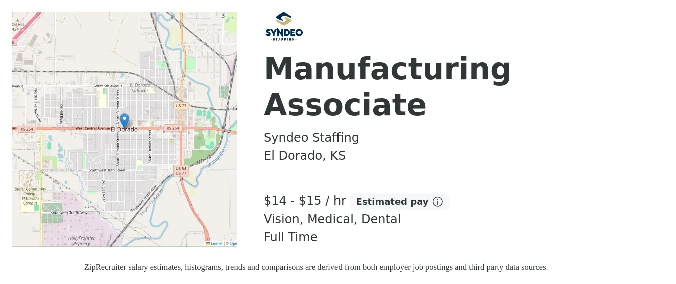 Syndeo Staffing job posting for a Manufacturing Associate in El Dorado, KS with a salary of $15 to $16 Hourly and benefits including dental, medical, and vision with a map of El Dorado location.