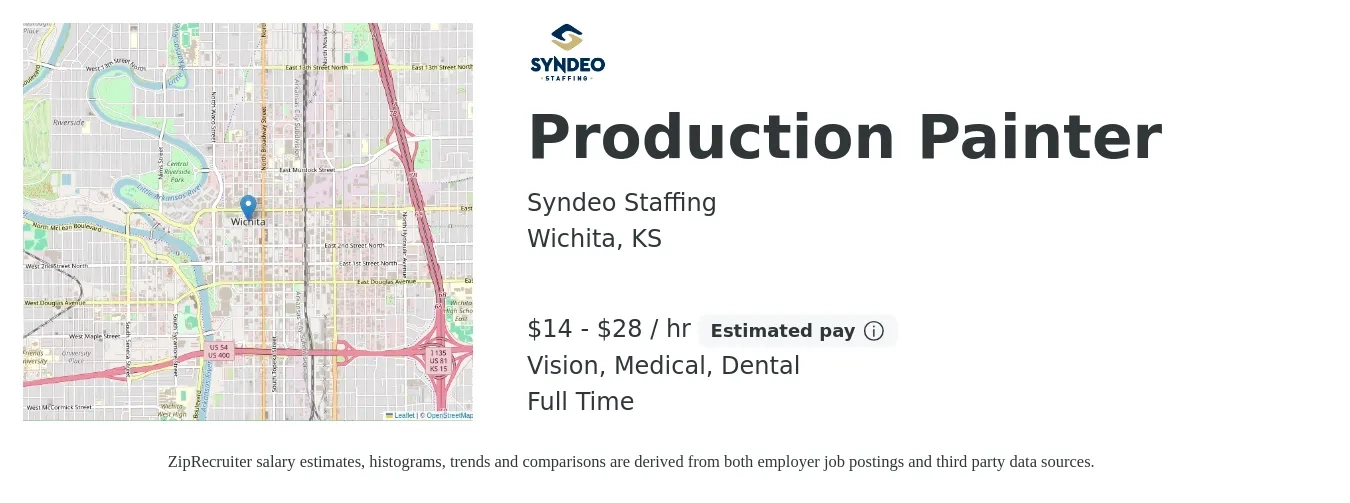 Syndeo Staffing job posting for a Production Painter in Wichita, KS with a salary of $15 to $30 Hourly and benefits including retirement, vision, dental, life_insurance, medical, and pto with a map of Wichita location.