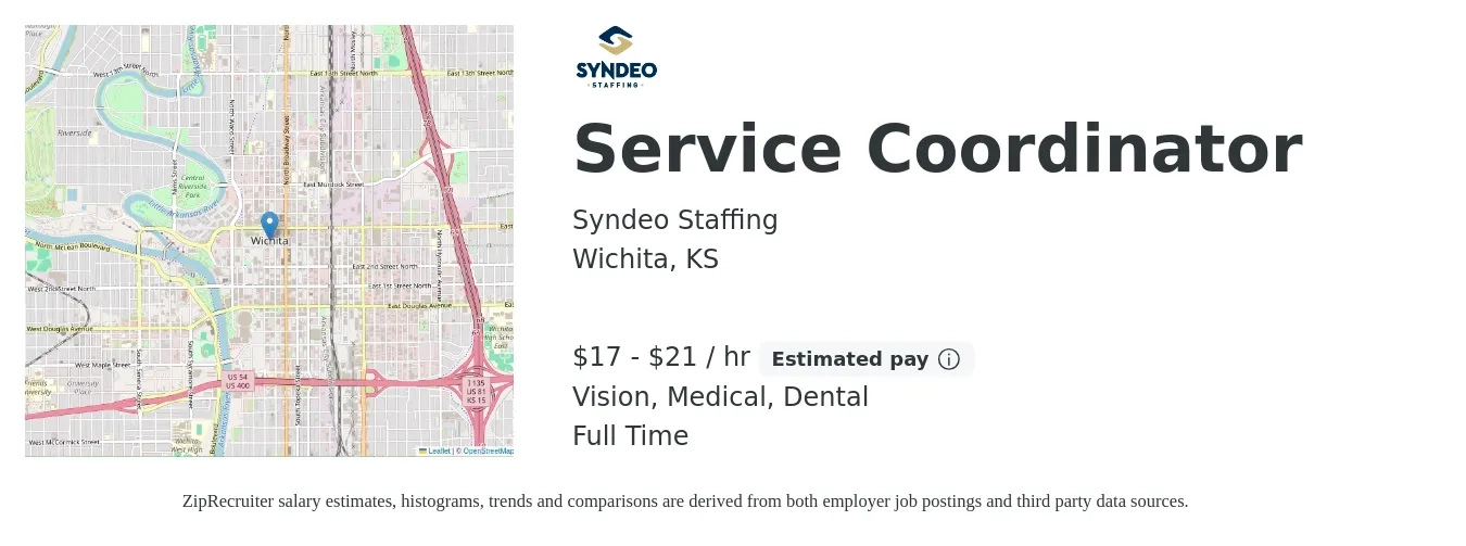 Syndeo Staffing job posting for a Service Coordinator in Wichita, KS with a salary of $18 to $22 Hourly and benefits including dental, medical, and vision with a map of Wichita location.
