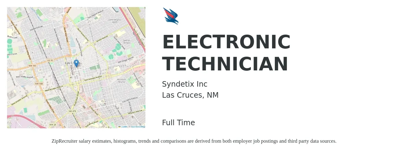 Syndetix Inc job posting for a ELECTRONIC TECHNICIAN in Las Cruces, NM with a salary of $37,900 to $57,700 Yearly with a map of Las Cruces location.