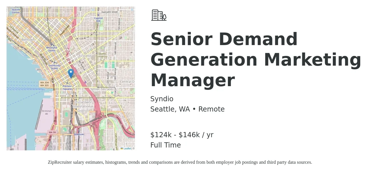 Syndio job posting for a Senior Demand Generation Marketing Manager in Seattle, WA with a salary of $124,000 to $146,000 Yearly with a map of Seattle location.