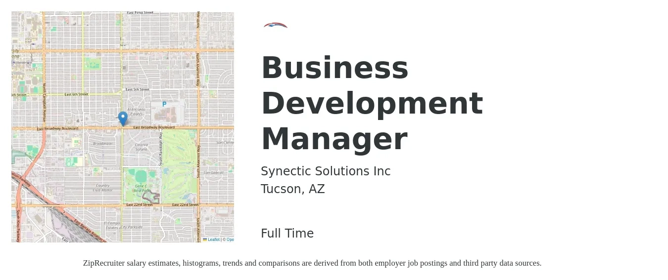 Synectic Solutions Inc job posting for a Business Development Manager in Tucson, AZ with a salary of $57,700 to $94,500 Yearly with a map of Tucson location.
