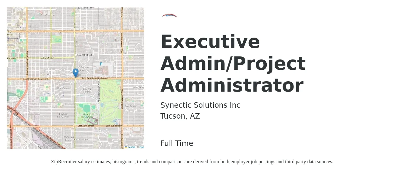 Synectic Solutions Inc job posting for a Executive Admin/Project Administrator in Tucson, AZ with a salary of $53,900 to $81,800 Yearly with a map of Tucson location.