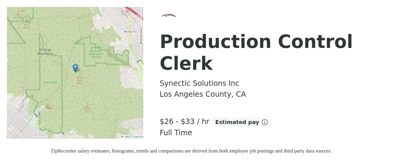 Synectic Solutions Inc job posting for a Production Control Clerk in Los Angeles County, CA with a salary of $28 to $35 Hourly with a map of Los Angeles County location.